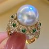 Big White Pearl Women Cocktail Bridal Ring K Yellow Gold Flower Round Girl Rings Anel Party Wedding Anniversary
