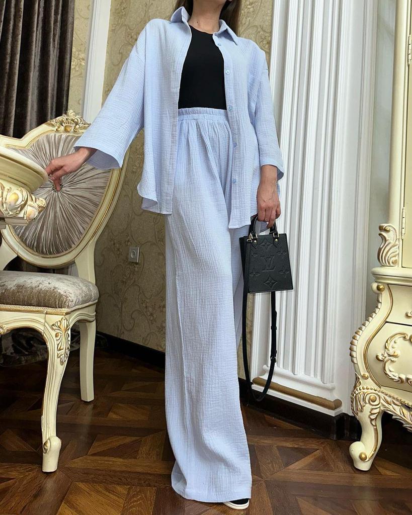 Conjunto de Camisa com Amarração e Calça de Pernas Largas Feminino Europeu e Americano Primavera 2024