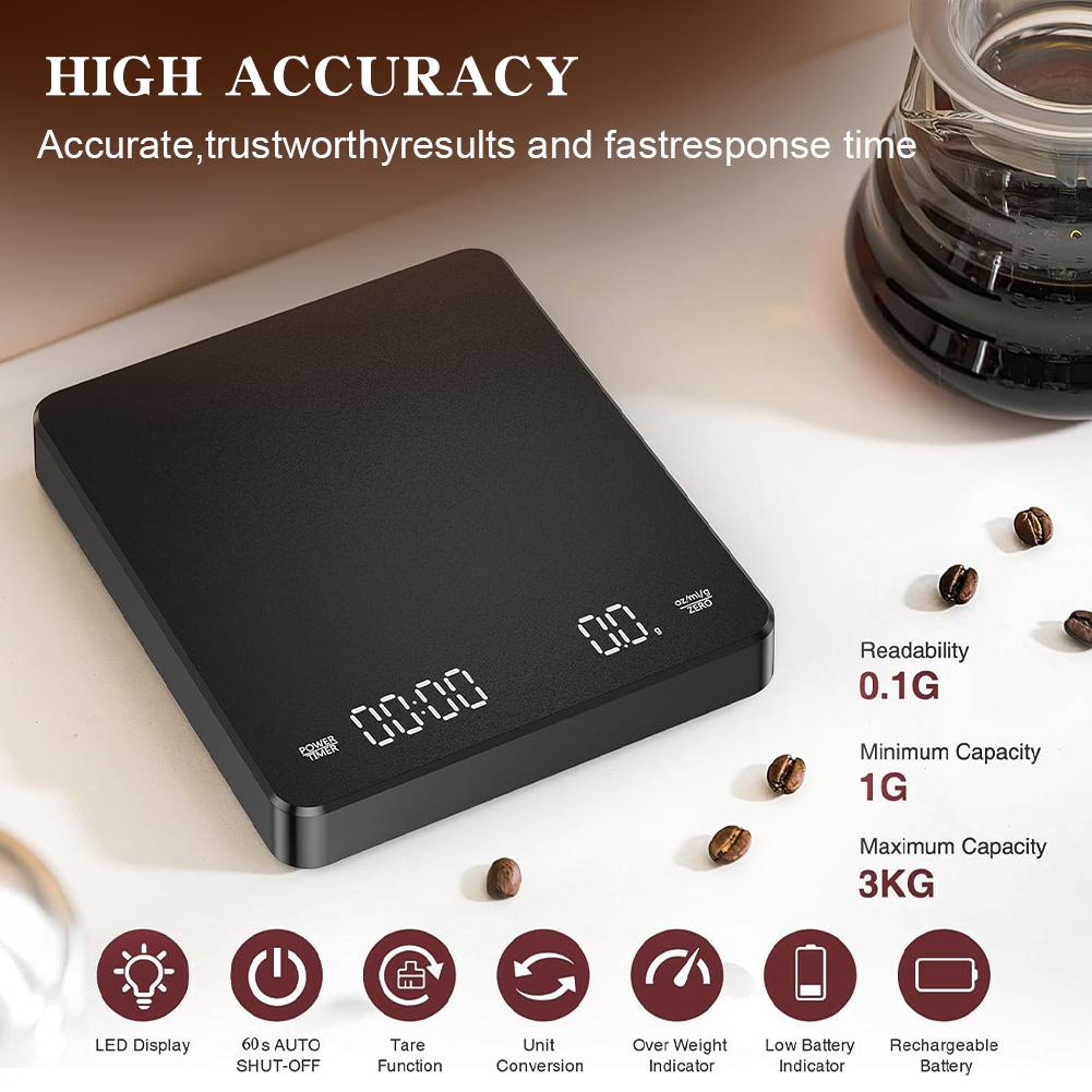 Mini Coffee Scale with Timer Accurate Scale Auto Tare Rechargeable 3kg/0.1g Portable Digital Kitchen Scale Espresso Coffee Scale