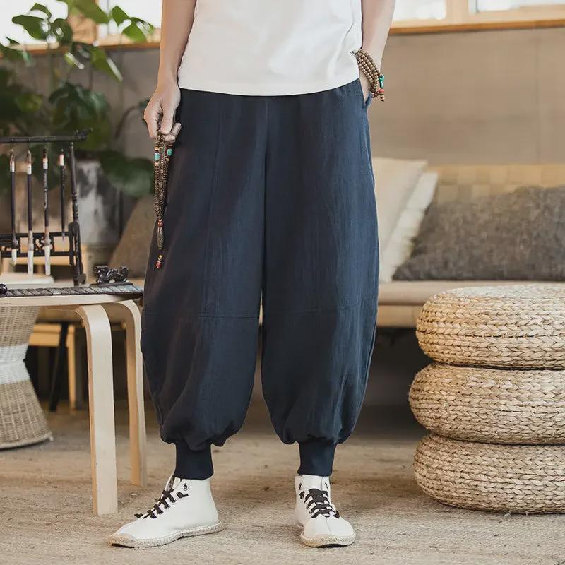 Men's Plus Size Chinese Style Embroidered Cotton-Linen Wide-Leg Summer Pants