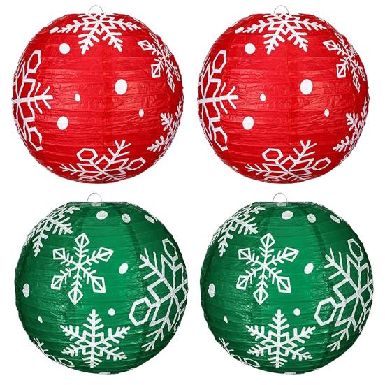 Snowflake Paper Lantern Red Green Christmas Hanging Round Lantern Decoration for Indoor Outdoor Decor Holiday Party Supplies