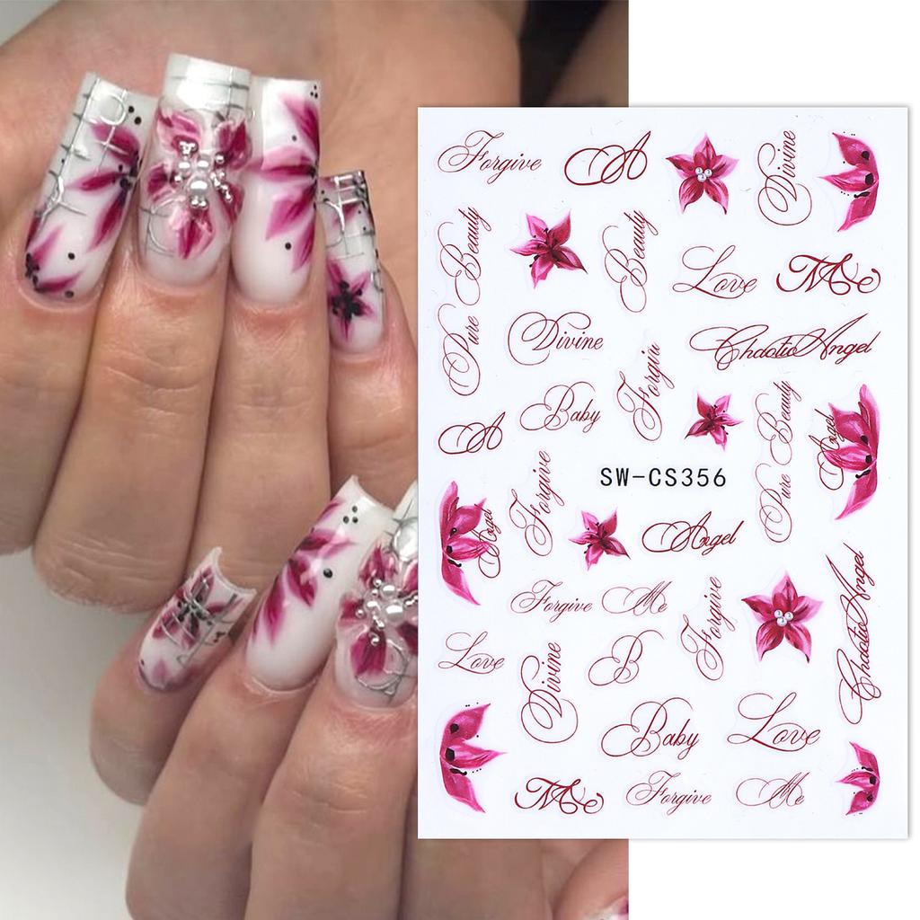 3Pcs Floral Nail Stickers Pink Black Lily Flower Vintage English Letter Nail Art Decals