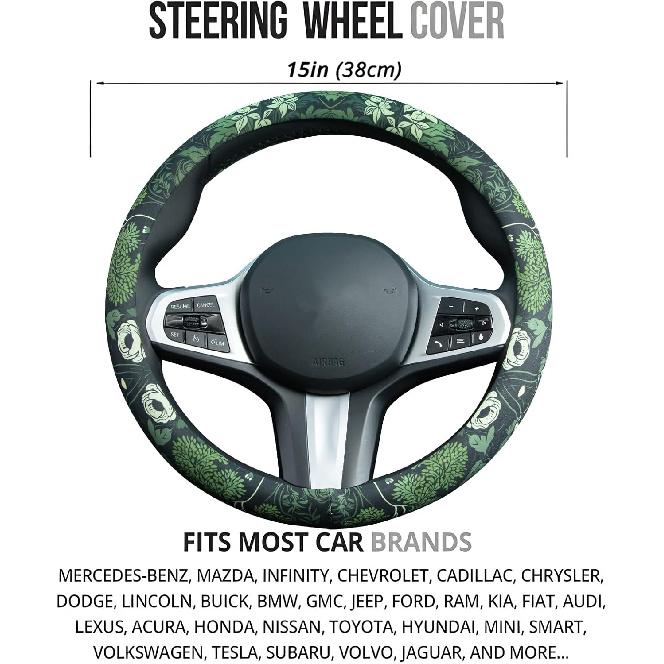 Sage Green Floral and Plant Steering Wheel Cover Auto Steering Wheel Protector, Anti-Slip, Breathable, Absorbing Sweat, Universal Plant Car