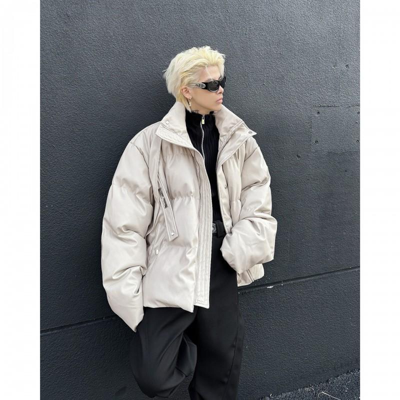 Mens Short Puffer Jacket Winter Warm Thickened Cotton Coat Loose Fit Stand Collar With Metal Buckle Detail