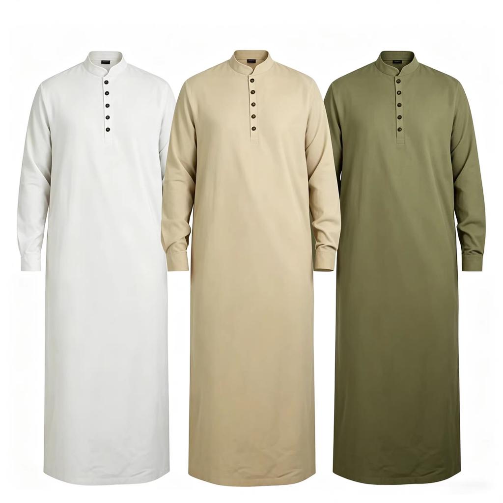 Men's Thobe Solid Color Long Sleeve Robe Men Stand Collar Button Down Islamic Kaftan Casual Middle East Arabic Traditional Long Muslim Dress