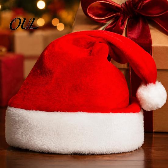 Xmas Party Photo Booth Props Gold Velvet Santa Hat for Adults Kids, Classic Christmas Red with Fluffy Holiday Hats Kids Trim, Soft Comfortable Costume