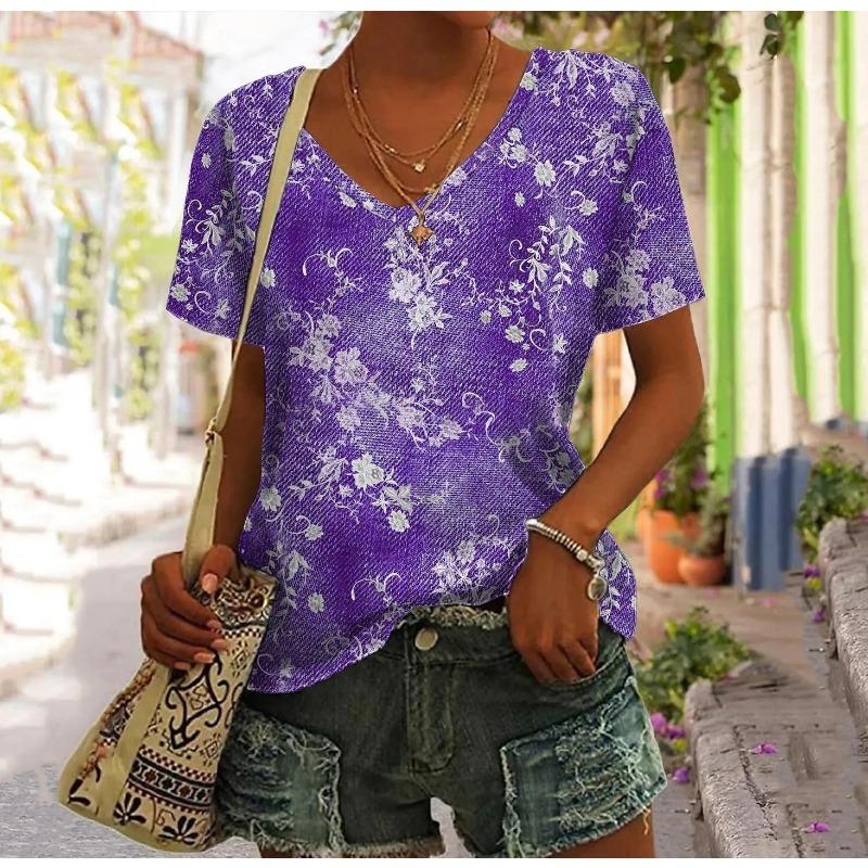 Damski T-shirt z dekoltem w serek i krótkim rękawem Letnia odzież modowa Top z nadrukiem kota Casualowy luźny T-shirt z krótkim rękawem Odzież damska