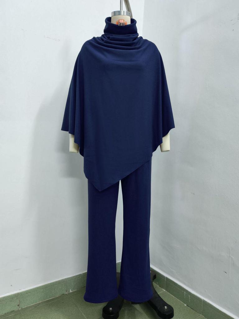 European & American Women's Fall/Winter Fleece Stand-up Collar Cape and Wide-leg Pants Set