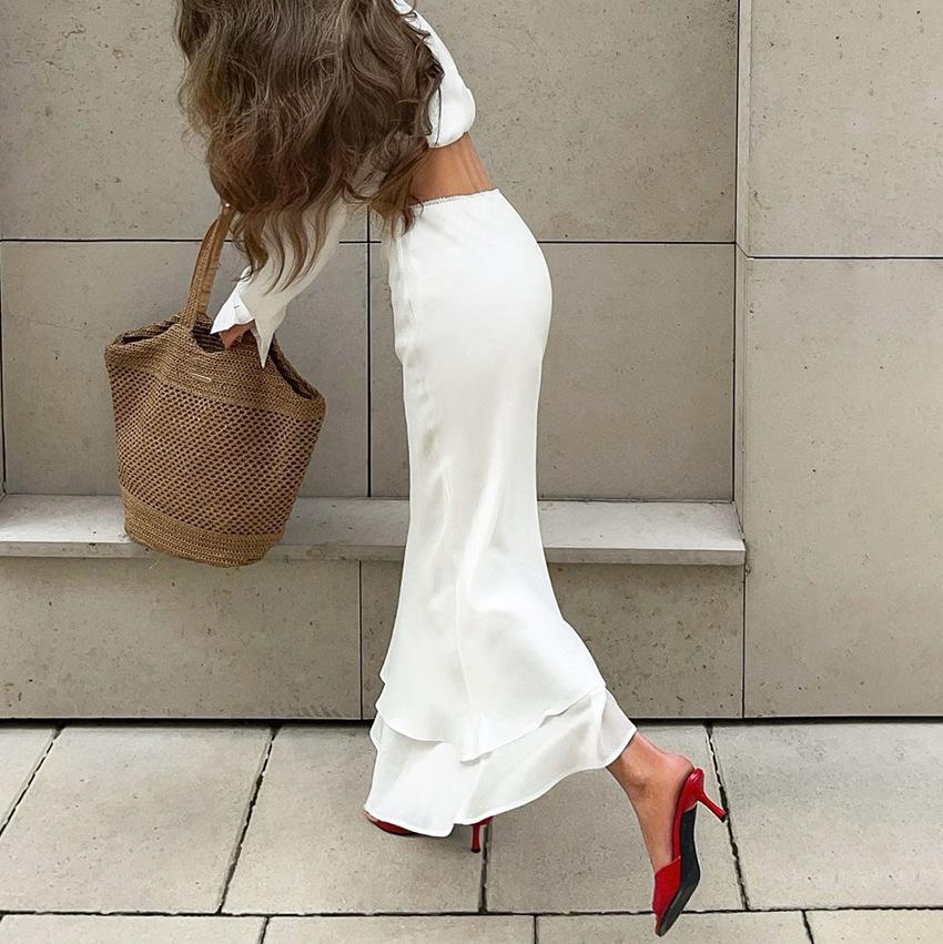 Women's White Asymmetrical Hem Midi Skirt