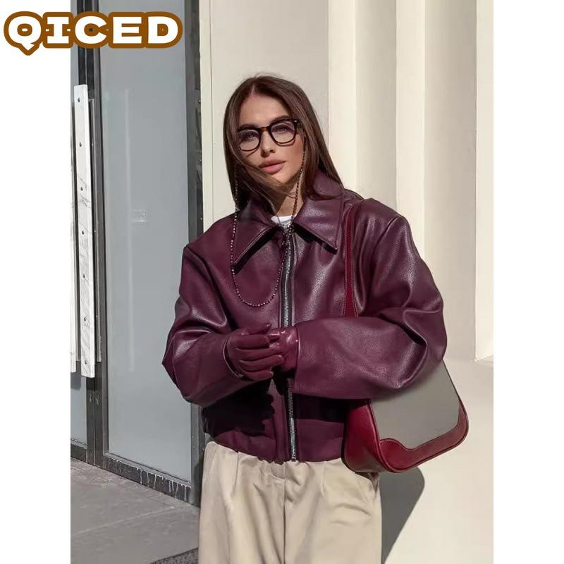 QICED Women's Vintage Casual Solid Color Print Autumn Winter Long Sleeve Jackets & Coats Unique design