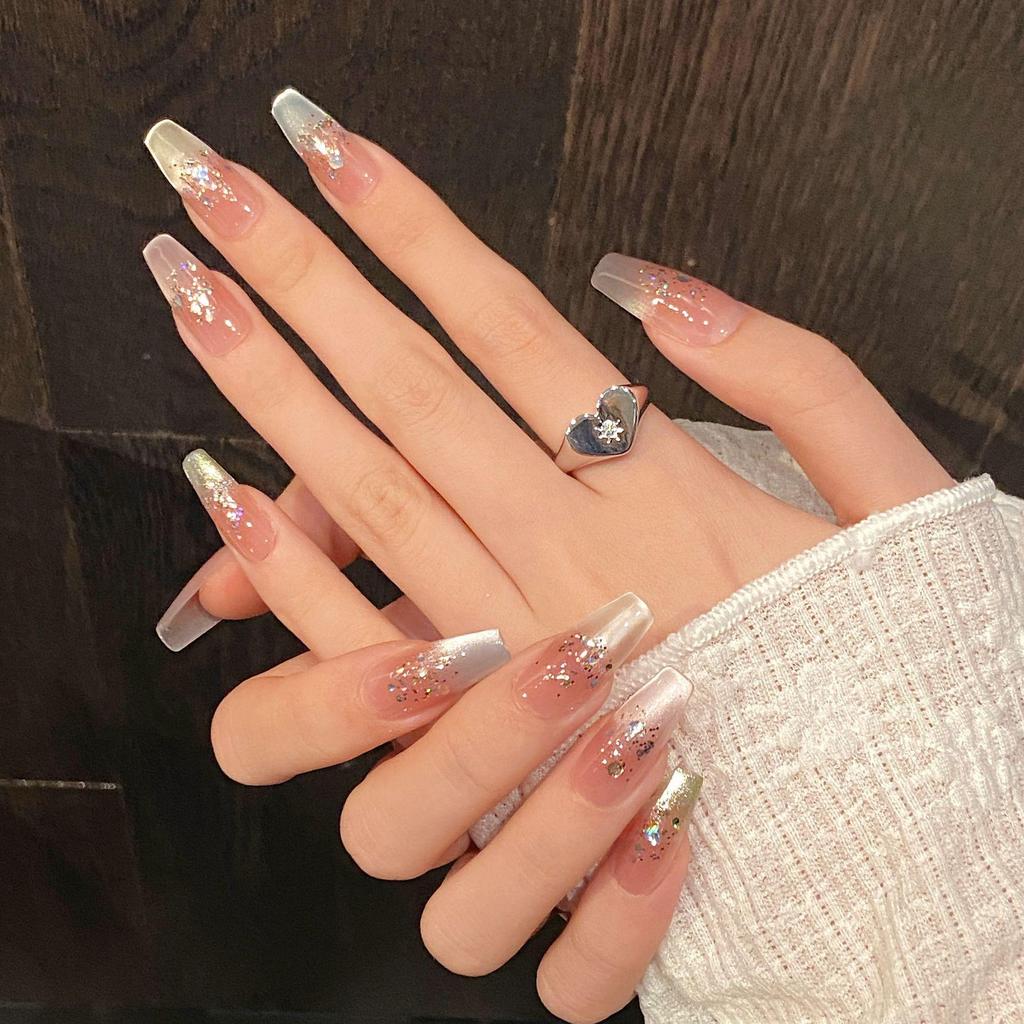 Yihe Energetic Rainbow Cat Eye Bling Blush Handmade Press-on Nails