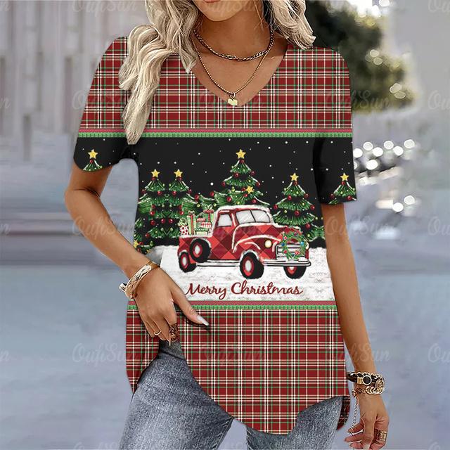 Christmas Women's T-Shirt 3d Printed Short Sleeve Tees Christmas T Shirt For Women Fashion V-Neck Top Holiday Oversized Clothing