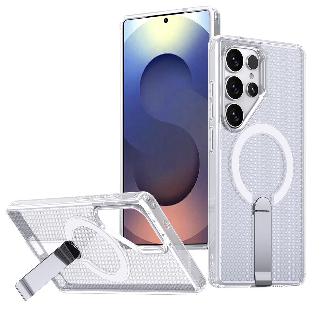 Luxury Breathable Mesh Holder Case For Samsung S25 S24 A14 A15 Ultra Plus Magnetic For Magsafe Stand Cooling Shockproof Cover