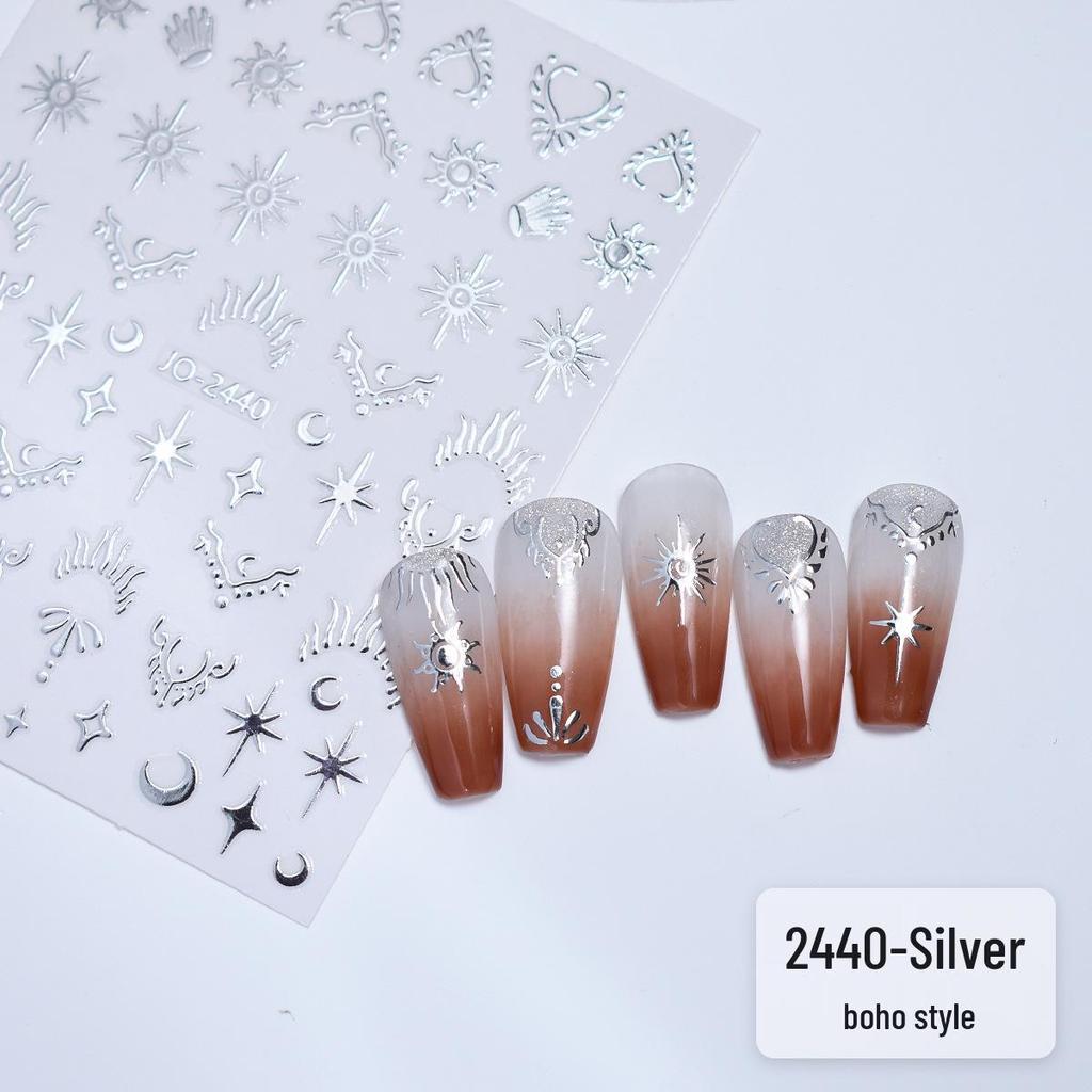 Metallic Star & Moon Nail Art Stickers (Gold & Silver) - Hollow Heart, Moon, Four-Pointed Star Design