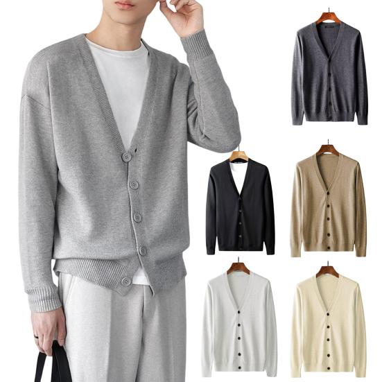 Men Cardigan Long Sleeve V-neck Slim Fit Single-breasted Solid Color Keep Warm Knitwear Spring Autumn Male Sweater Knitted Coat Daily Wear
