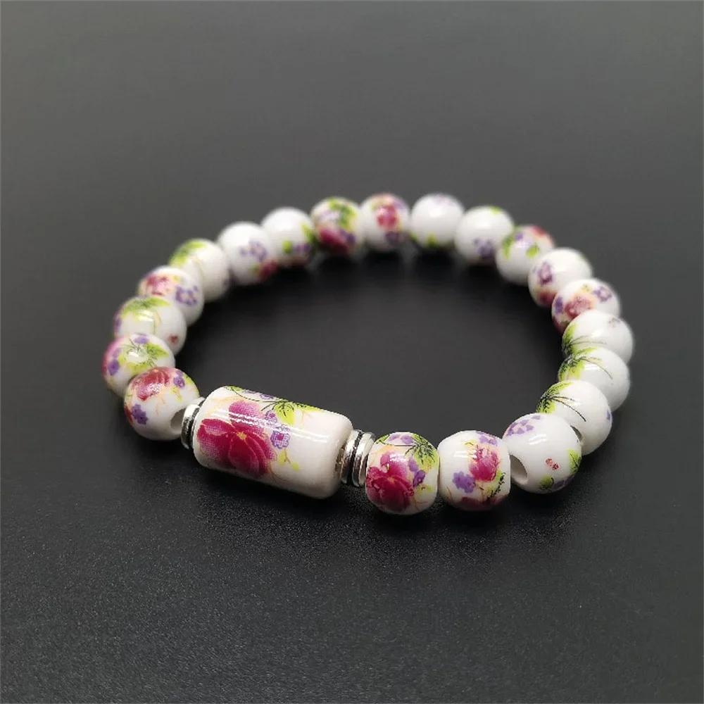 B21 Blue White Pattern Creativity Porcelain  Printing Exquisite Stretch Bead Bracelet 8MM  Plum Blossom Bead Bracelet Jewelry