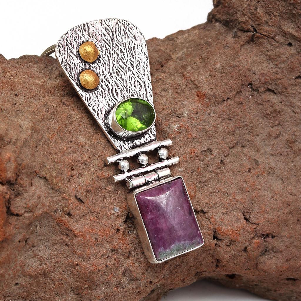 Ruby Zoisite Peridot Gemstone Mother's Day Silver Jewelry Pendant  2.25"