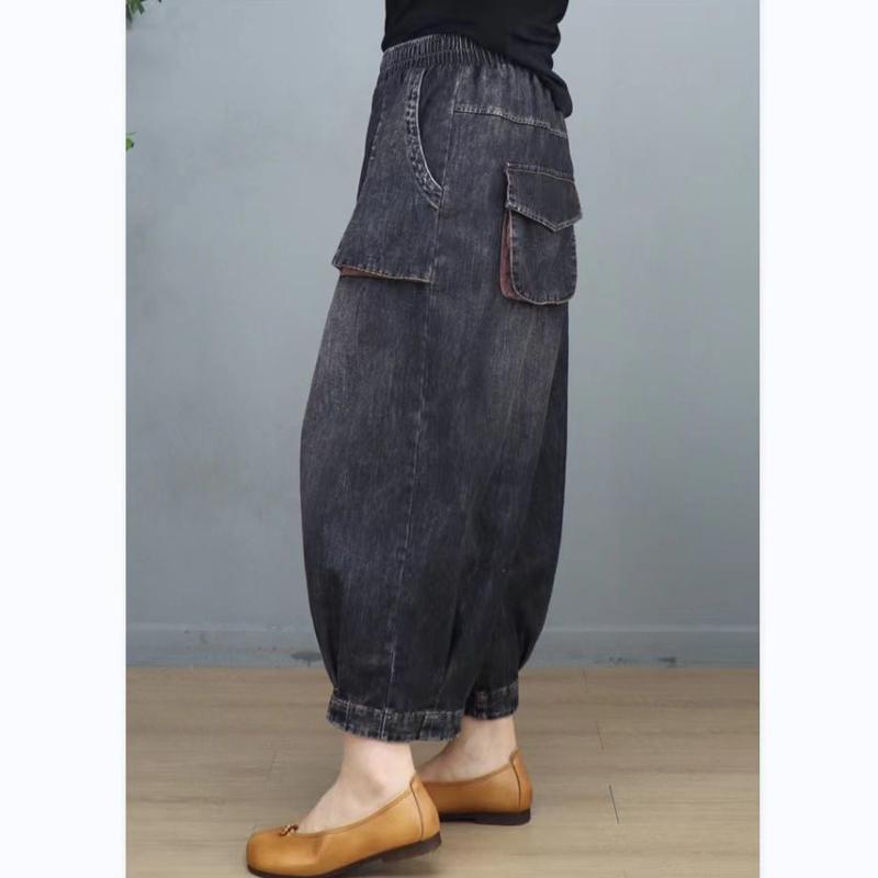 Damen Vintage Ethno-Stil Streetwear Y2K Baggy Jeans Frühling Sommer Lässig Übergroße Taschen Denim Knöchellange Hosen Pantalones