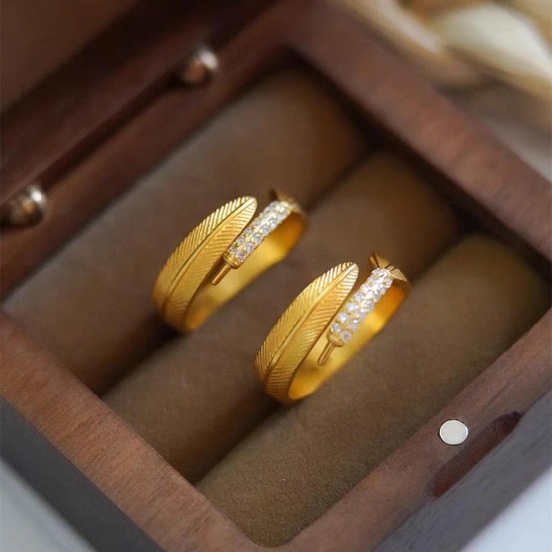 Vietnamese Gold-Plated Feather Ring: Elegant Open Brass Women s Jewelry