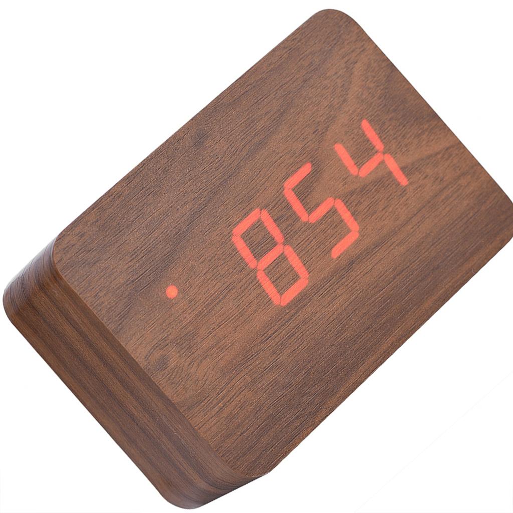 Wooden Electronic Digital Alarm Clock Temperature LED Display Sounds Control Brown