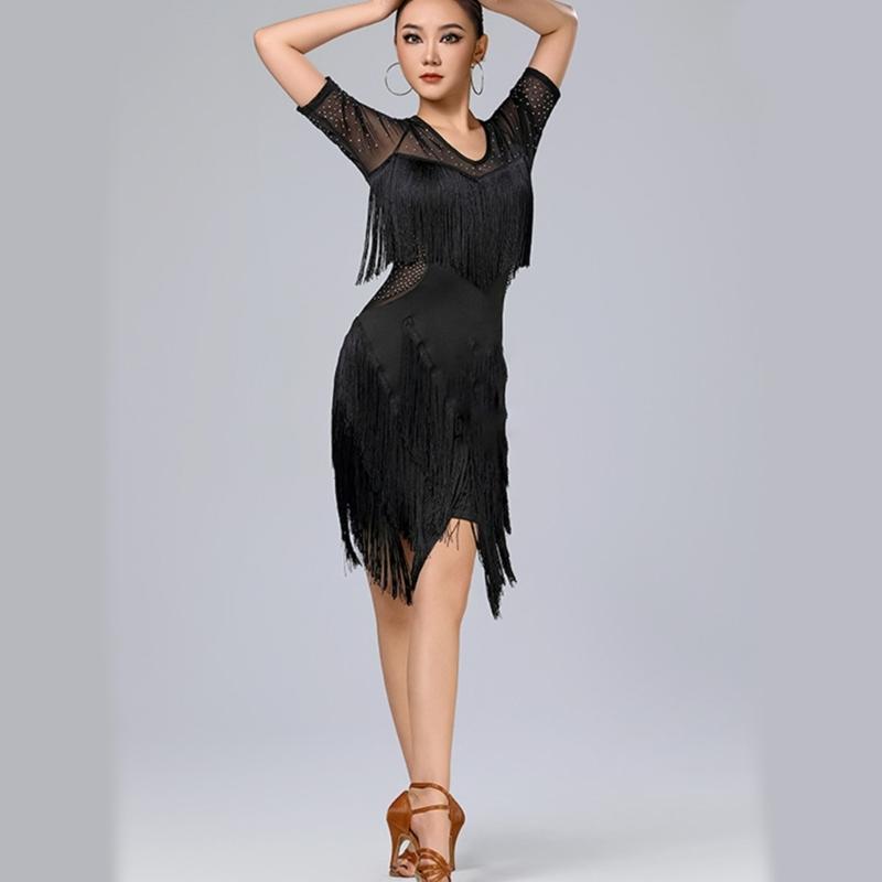 Stage Ready Latin Dance Costume Lightweight Breathable Fabric Sparkling Sequins Flattering Fringe Design