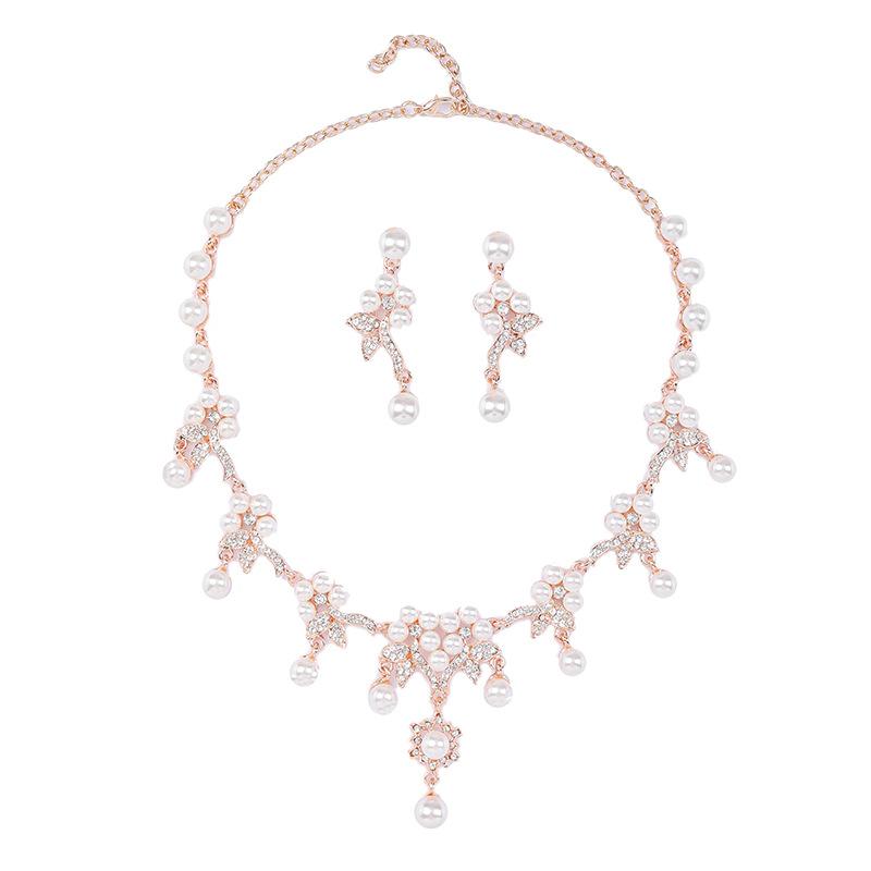 Branch Shaped Simulation Pearl Necklace Earrings Set Ethnic Retro Jewelry Bride Dress Accessories