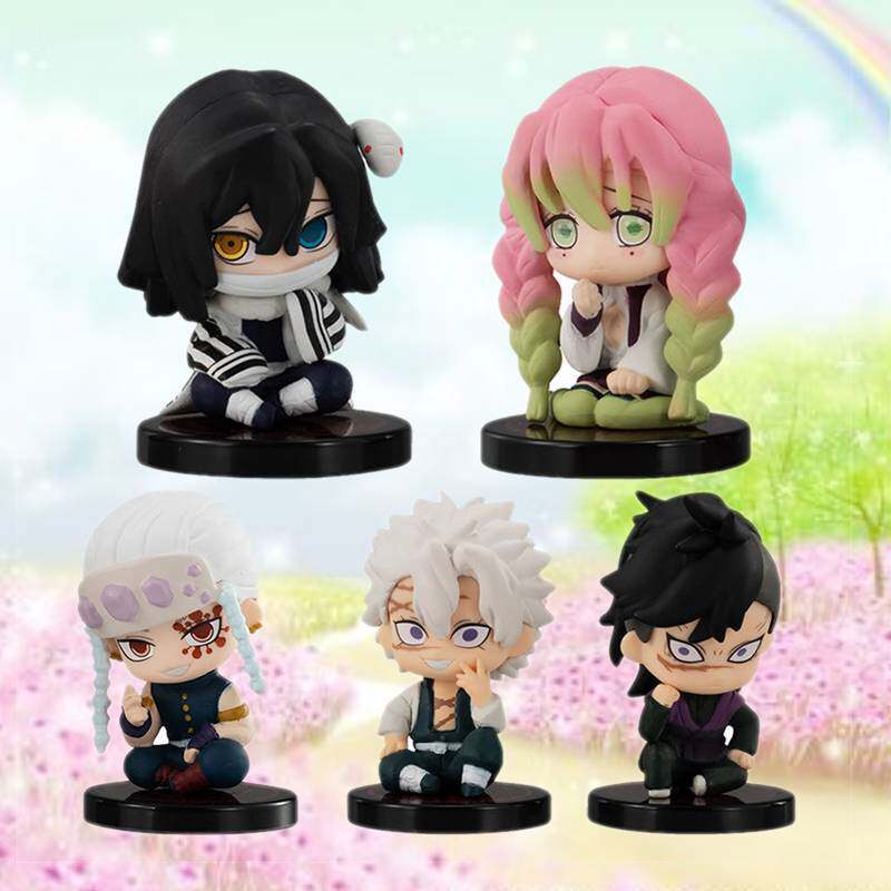 5pcs/Set Cute Cartoon Sitting Pose Figure Tanjiro Nezuko Zenitsu Inosuke Pvc Car Desktop Ornament Collectible For Anime Fan Gift
