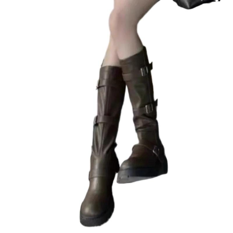 Novas botas femininas de fivela de cinto de outono, sapatos de salto alto e grosso para mulheres, vestido ao ar livre, botas de montaria femininas na coxa, sapatos
