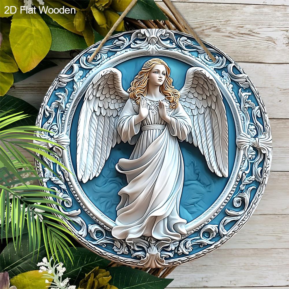 Holy Angel Wooden Sign - Beautiful Angel Round Artwork for Front Door Wall Home Hanging Decoration