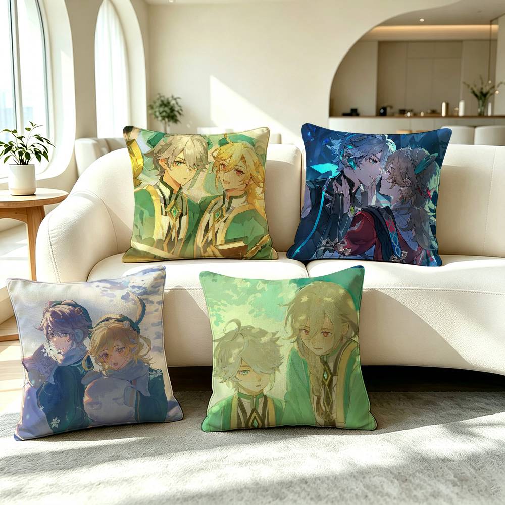 A-Alhaitham Kaveh Genshin Impact Square Double-Sided printed Pillow Case Bedroom Bedside Pillow Sofa Cushion Cover