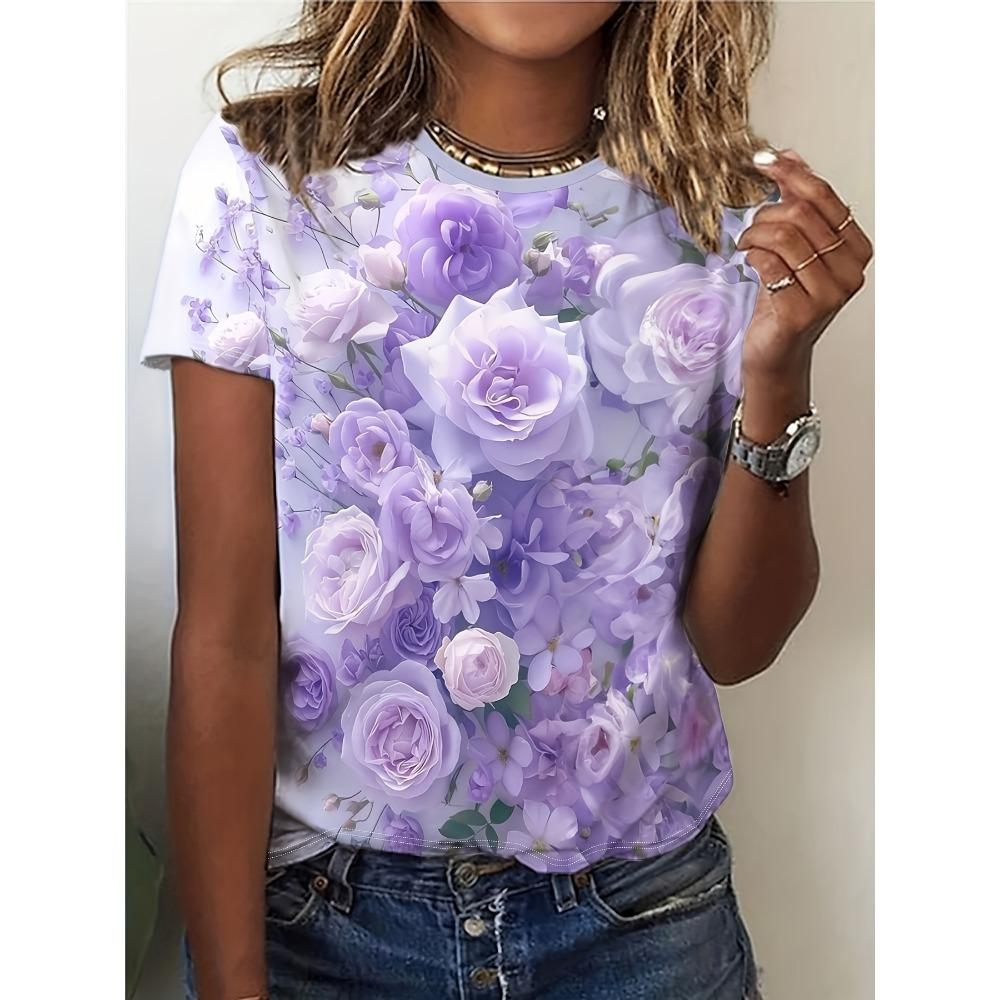 Women's Fashion Oil Floral Pattern Fashion Short Sleeve Round Neck Top Casual