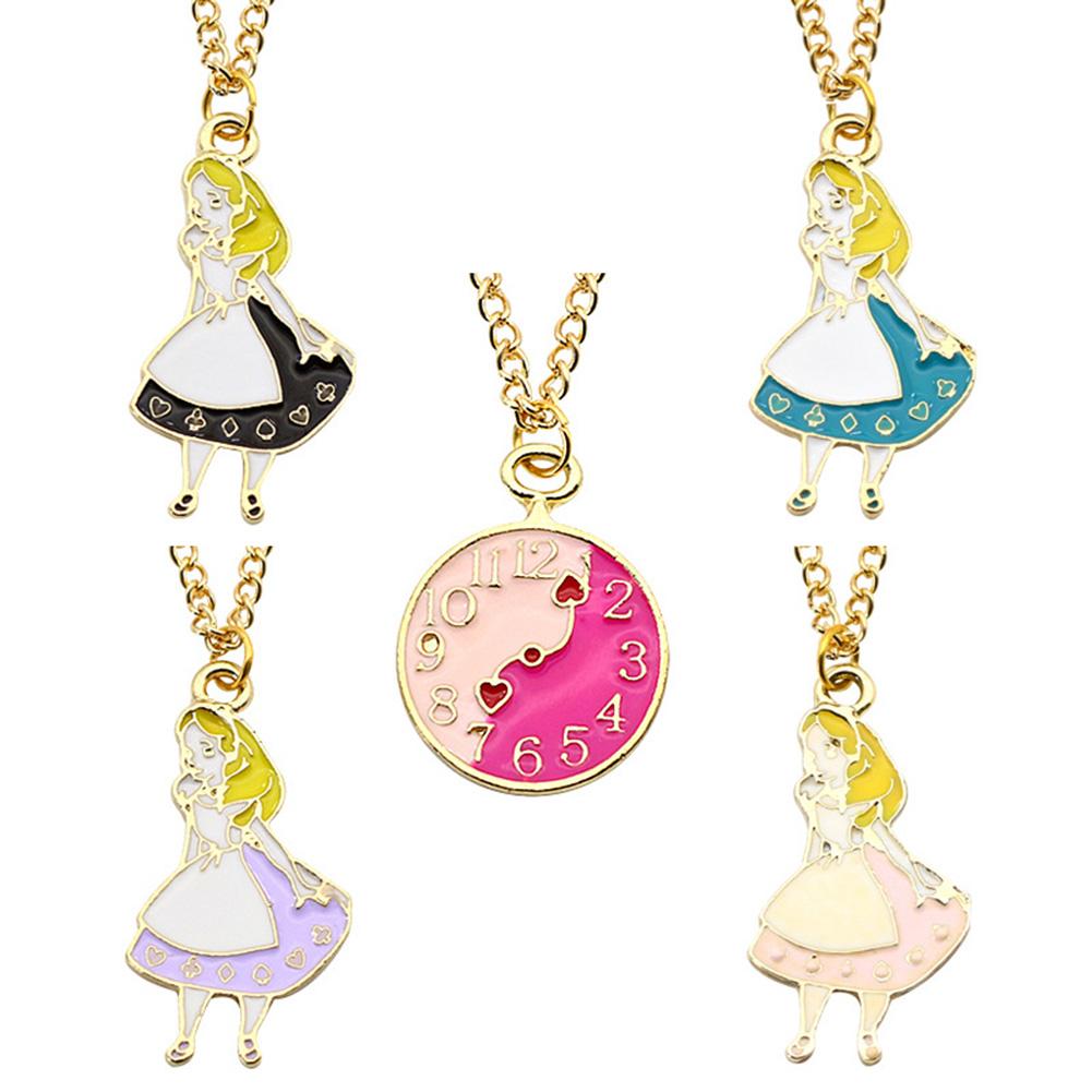 Cute Alloy Cartoon Alice Necklace Creative Colorful Clock Pendant Gifts for Female