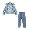 Girls' Plaid Ruffle Shirt & Jogger Denim Pants Set