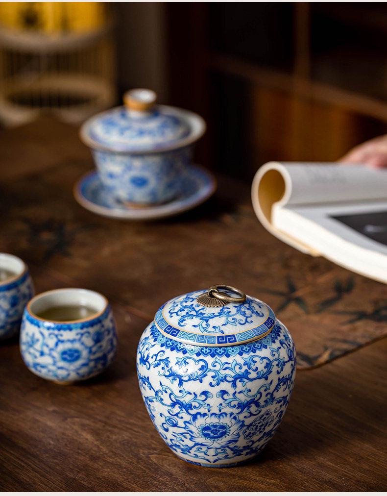 Ru Ware Blue & White Ceramic Tea Caddy: Moisture-Proof Chinese Style Sealed Storage for High-Grade Green, White, and Pu'er Tea.