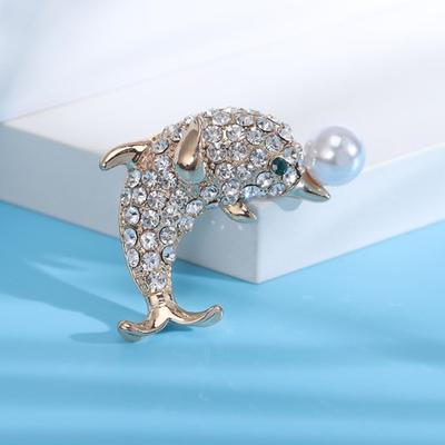 Cute Dolphin Shape Brooch Sparkling Rhinestones Faux Pearl Decor Pin Shawl Scarf Hat Outfit Animal Badge Jewelry Gift