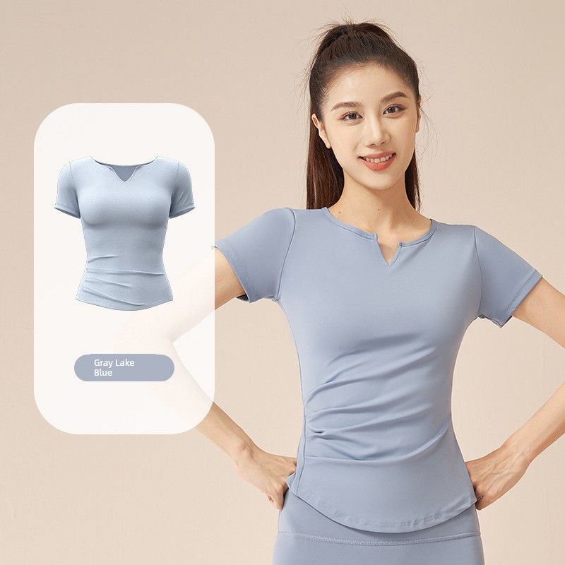

Весна и Лето V-образный вырез Короткий рукав Женская телесная фитнес плиссированная футболка На каждый день Спортивный топ Бег Йога Облегающая футболка Короткий рукав Женская Gray Lake Blue XXL