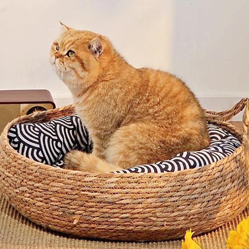 Four Seasons Cat Bed Woven Removable Upholstery Sleeping House Cat Scratch Floor Rattan Washable Cats Pet Products Accessories