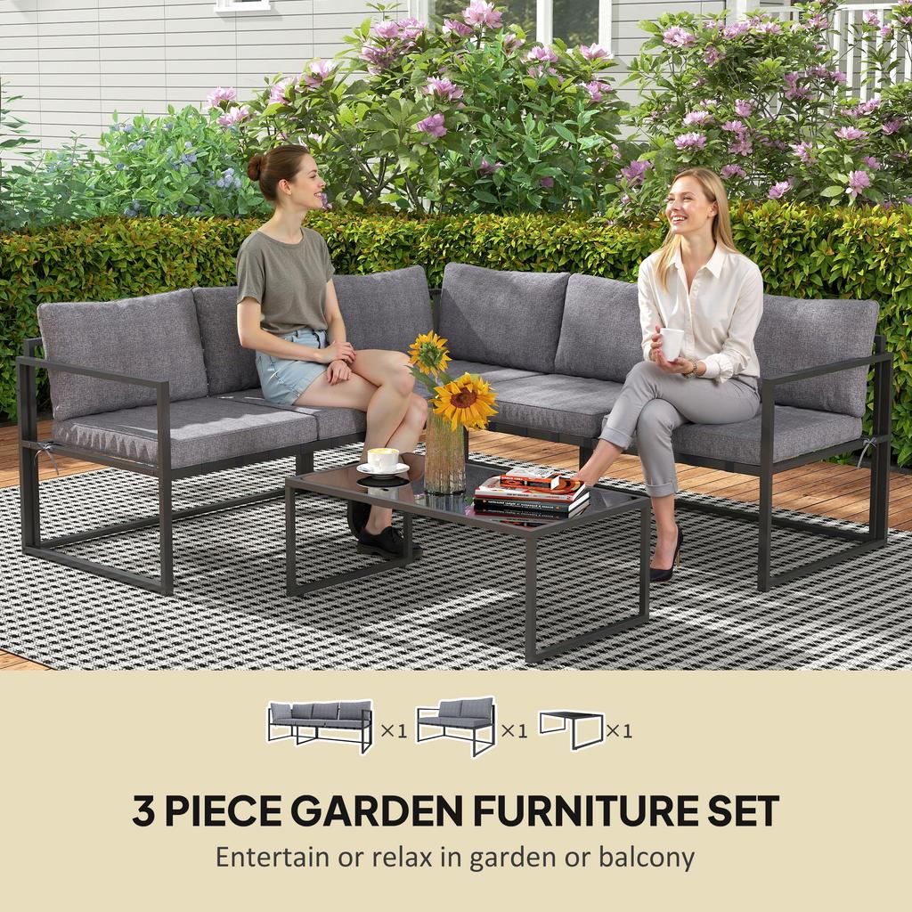 Three-Piece L Shaped Garden Furniture Set with Cushions - Grey