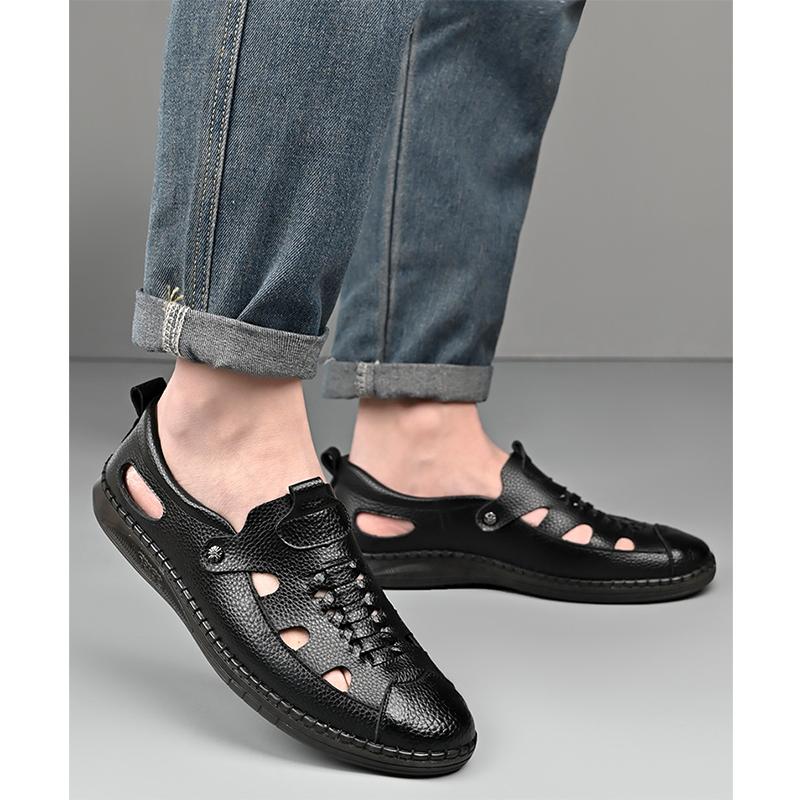 Summer Shoes Men Sandals Genuine Leather Flat Non-slip Holiday Soft Summer Male Footwear Black Beige