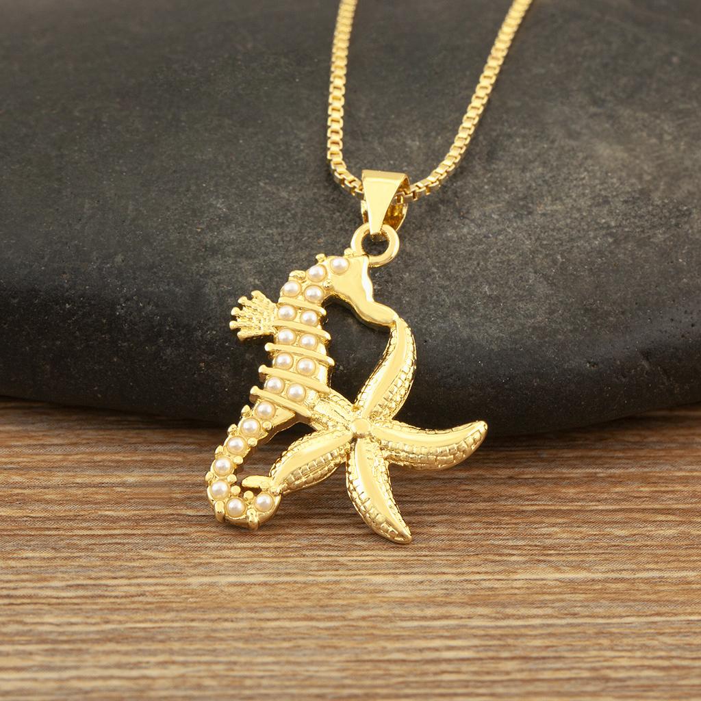 Nidin New Fashion Seahorse/Starfish/Jellyfish/Crab Inlaid Zircon Beach Charms Pendant Necklace For Women Men Jewelry Wholesale