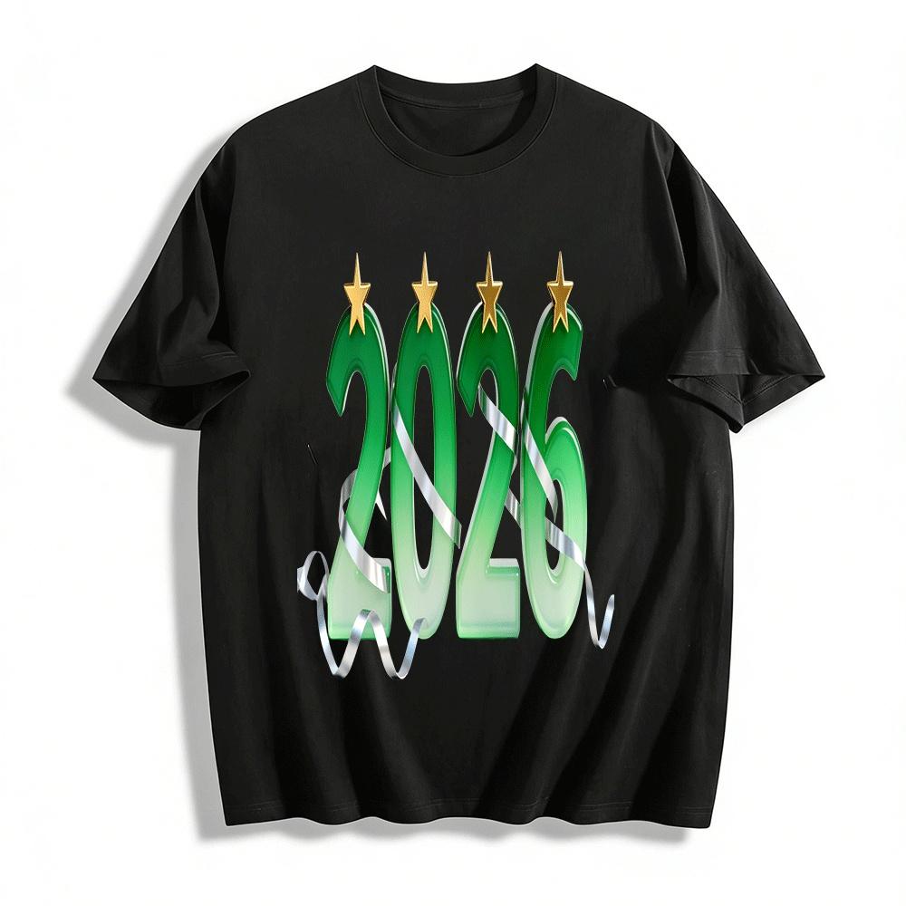 2026 New Year Themed Gradient Green Number Print Casual Top Pure cotton T-shirt XXS