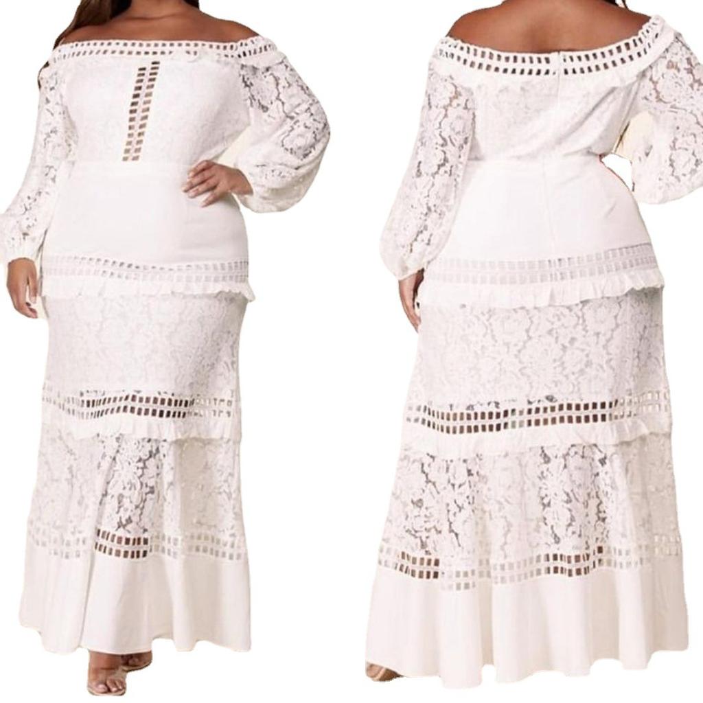 2025 Spring and Summer New Women's Lace Dress One-word Shoulder Lotus Leaf Wedding Dress Evening Dress Banquet Dress