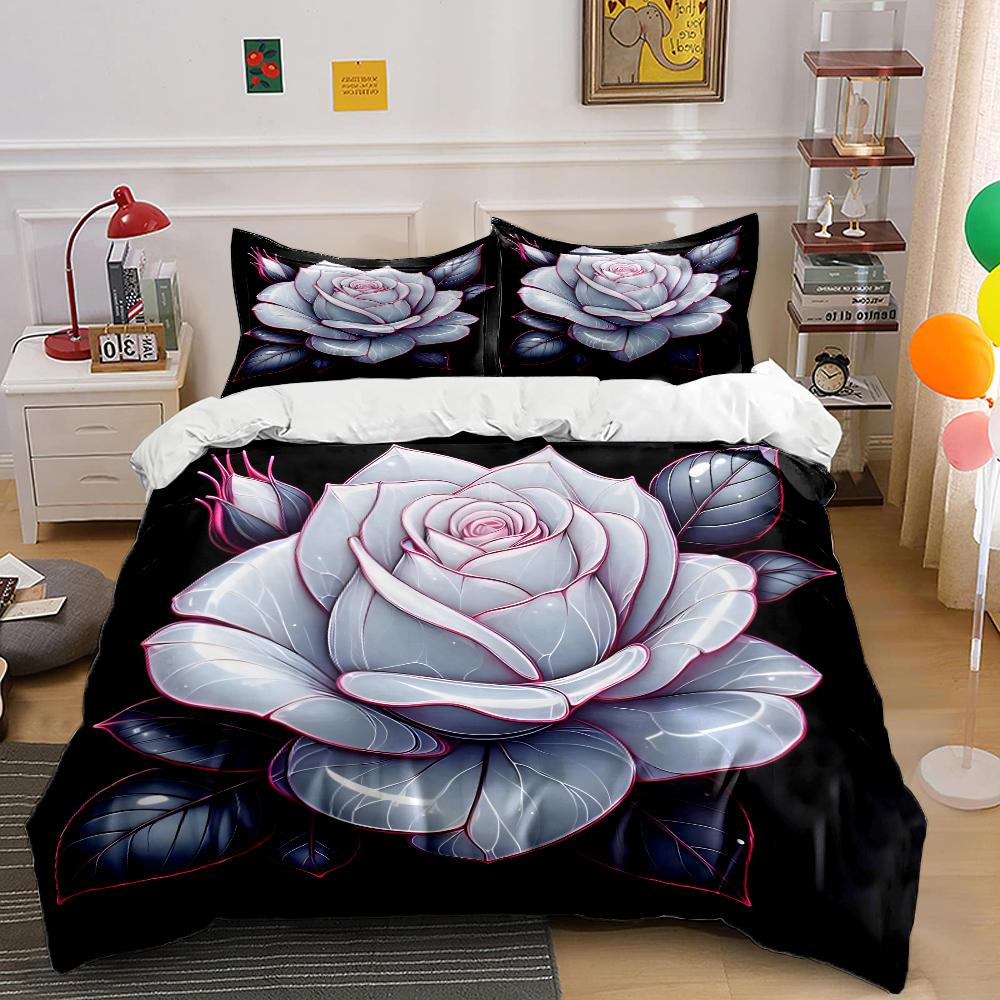 3Pcs Glossy White Rose Flower Print Bedding Set 1 Duvet Cover 2 Pillowcases For Adult And Children Luxury Gift Full Size