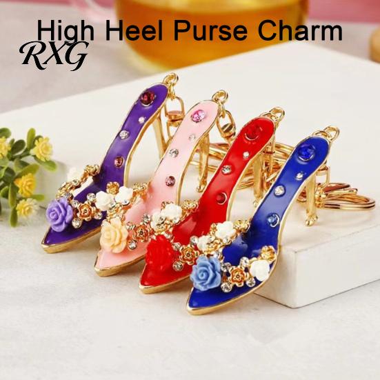 Car Key Holder Rhinestone Rose High Heel Keychain, Sparkling High-Heeled Shoes Ring, Purse Charm Bag Backpack Hanging Decor Charm, Gift for Women