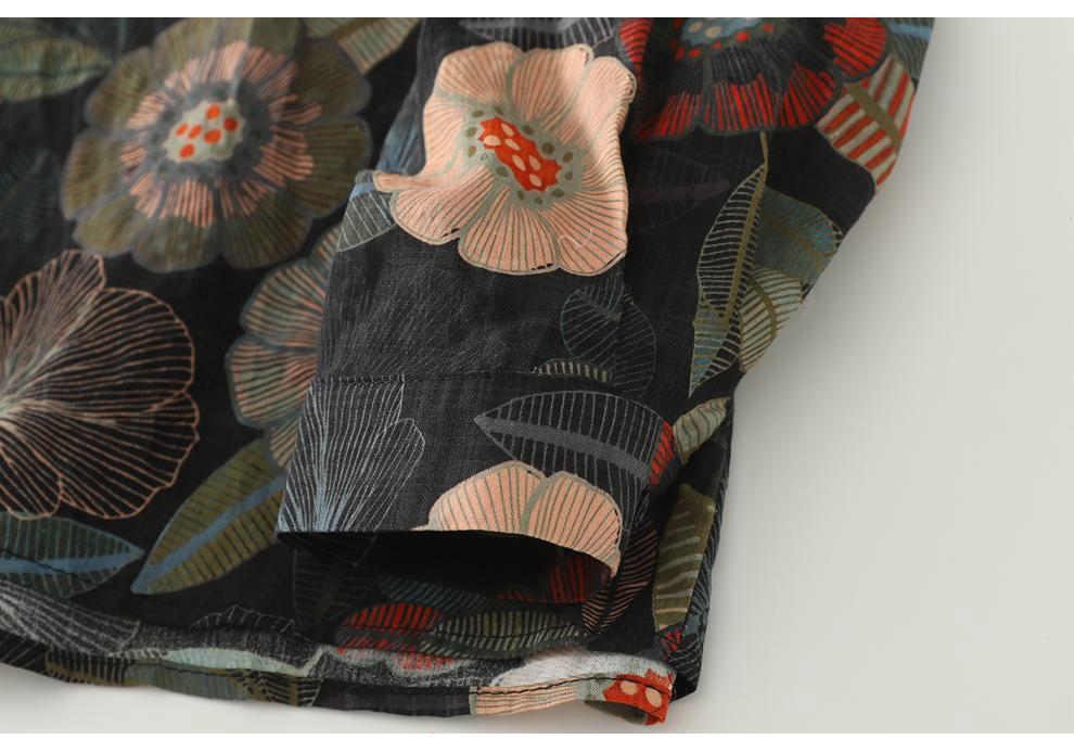 Autumn 2025 Artistic Retro Floral V-Neck Shirt: Cotton Linen, Age-Reducing, Plus Size, Casual