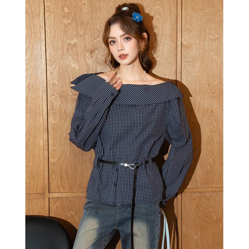 ET BOITE Retro Plaid Off-Shoulder Long Sleeve Shirt