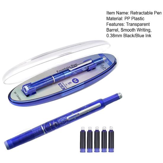 Retractable Fountain Pen Fine Nib Set 0.38mm Black/Blue Ink Transparent Barrel Pen with 5 Refillable Ink Cartridges for Sketching