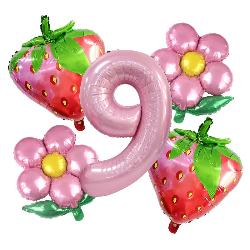 Pink Strawberry Balloon Set, Small Daisy Aluminum Film Decoration, Children'S Birthday Party Anniversary Photo Props