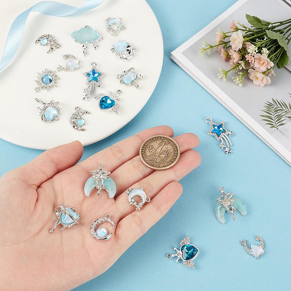 39Pcs 13 Styles Alloy Resin Pendants Mixed Shapes Charm Platinum Mixed Color 15~31x15~23.5x4~10mm Hole: 1.2~5mm 3pcs/style