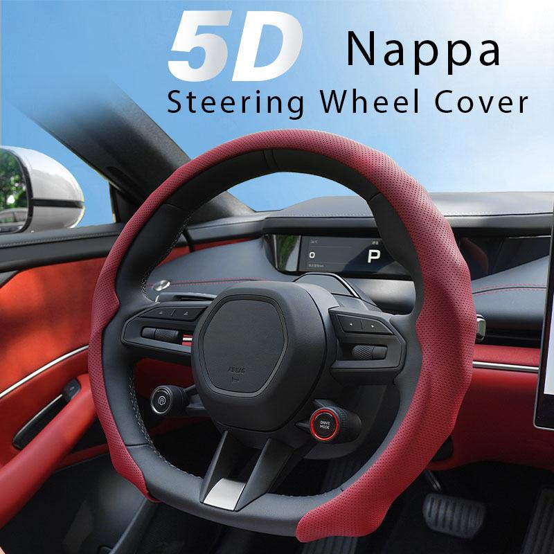 5D kryt volantu z Nappa kůže s otvory pro popruhy, prodyšný, protiskluzový, ultratenký a bezpečný. pro Jeep, Teslu, Hondu, Mazdu, atd.
